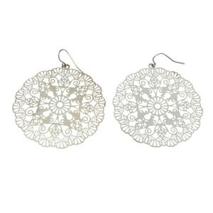 Silver Filigree Mandala Round Dangle Earrings Cut Out Lace Boho Glam